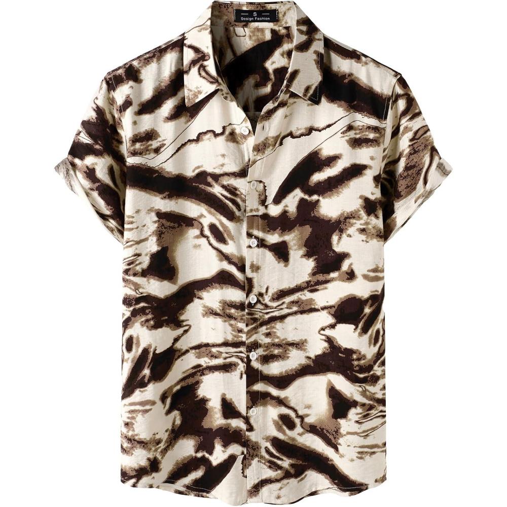 imageJEMITOP Mens Stylish Casual Printed Short Sleeve Button Down Shirts Summer Vacation Beach Tropical Hawaiian ShirtBrown Abstract Pattern