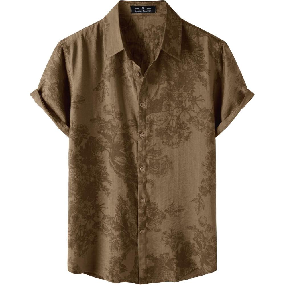 imageJEMITOP Mens Stylish Casual Printed Short Sleeve Button Down Shirts Summer Vacation Beach Tropical Hawaiian ShirtBrown Floral