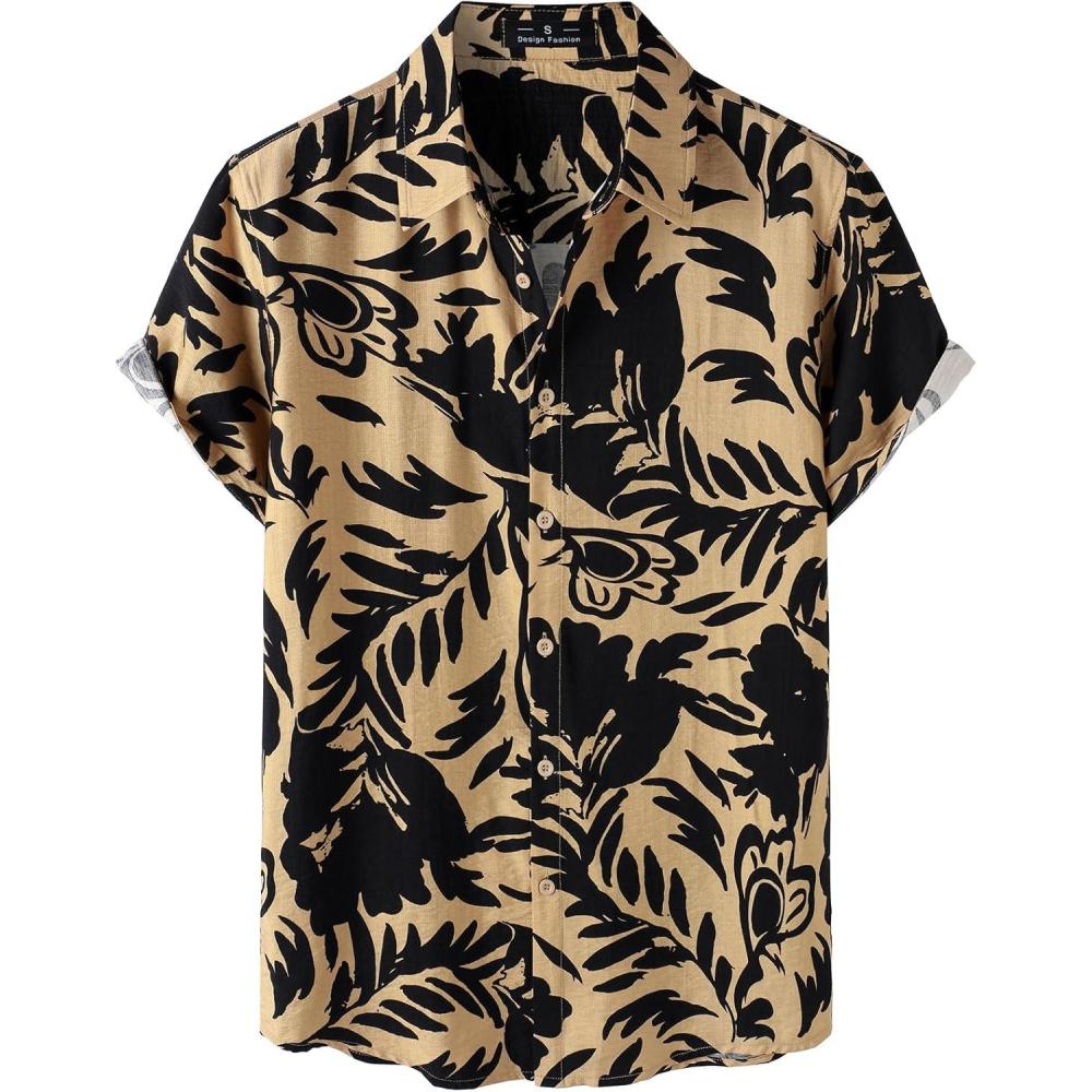 imageJEMITOP Mens Stylish Casual Printed Short Sleeve Button Down Shirts Summer Vacation Beach Tropical Hawaiian ShirtKhaki