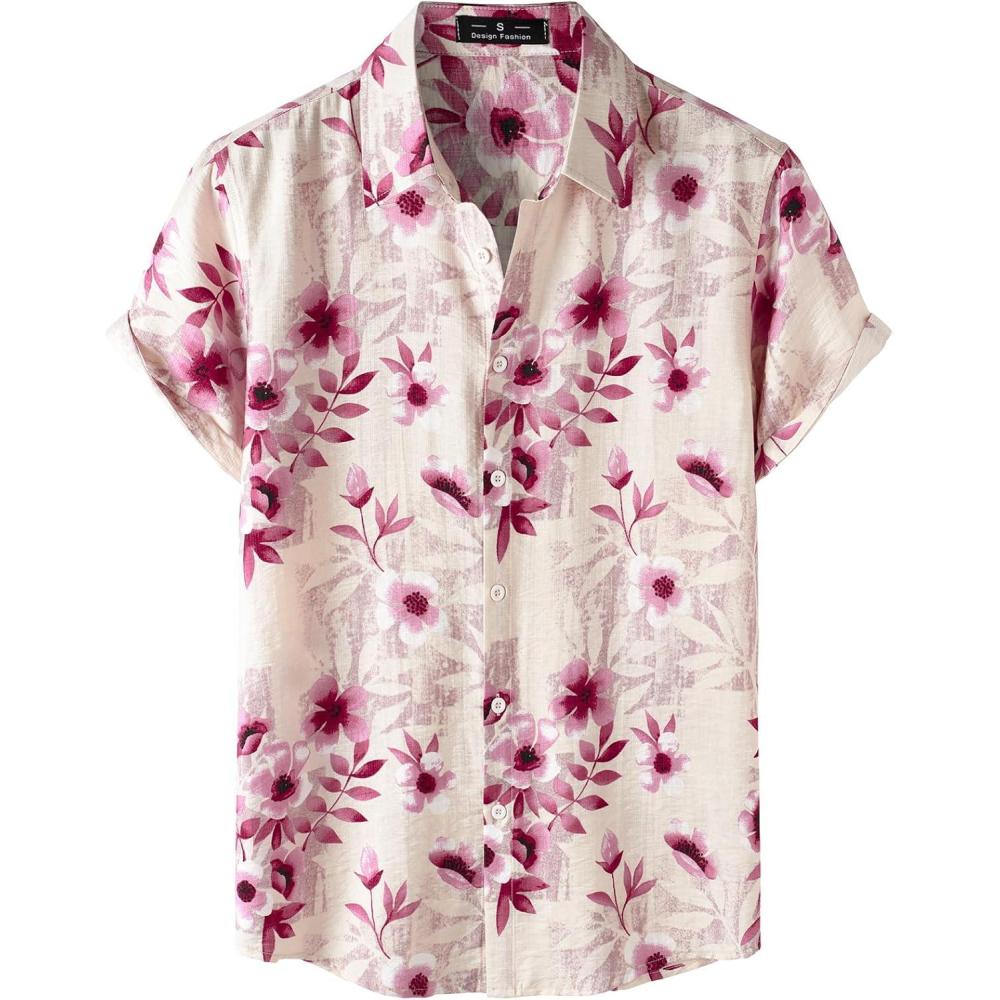 imageJEMITOP Mens Stylish Casual Printed Short Sleeve Button Down Shirts Summer Vacation Beach Tropical Hawaiian ShirtPink Floral