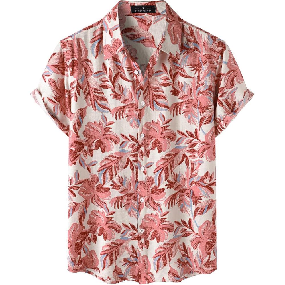 imageJEMITOP Mens Stylish Casual Printed Short Sleeve Button Down Shirts Summer Vacation Beach Tropical Hawaiian ShirtPink Leaves
