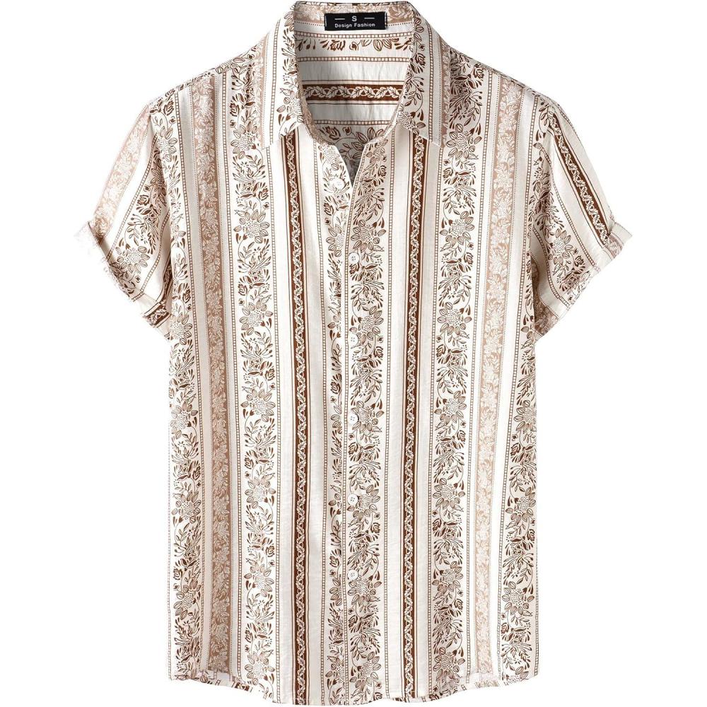 imageJEMITOP Mens Stylish Casual Printed Short Sleeve Button Down Shirts Summer Vacation Beach Tropical Hawaiian ShirtWhite Boho Striped