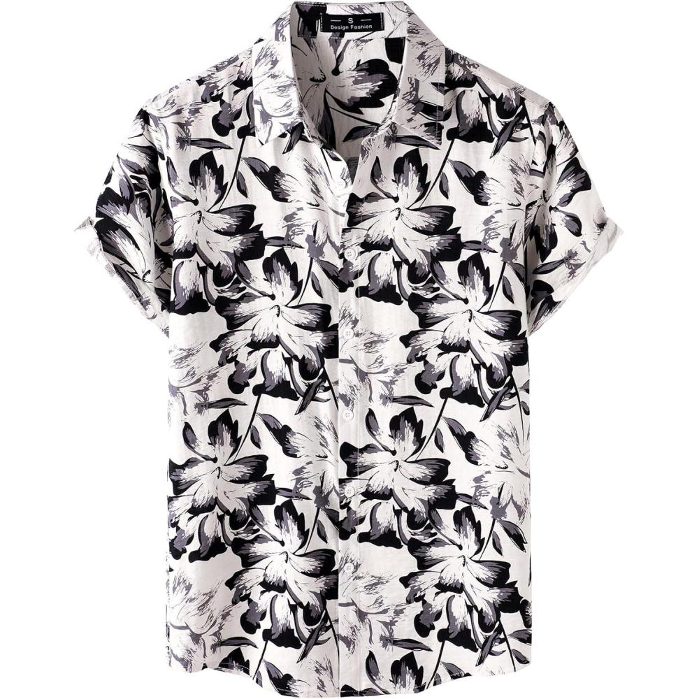 imageJEMITOP Mens Stylish Casual Printed Short Sleeve Button Down Shirts Summer Vacation Beach Tropical Hawaiian ShirtWhite Floral