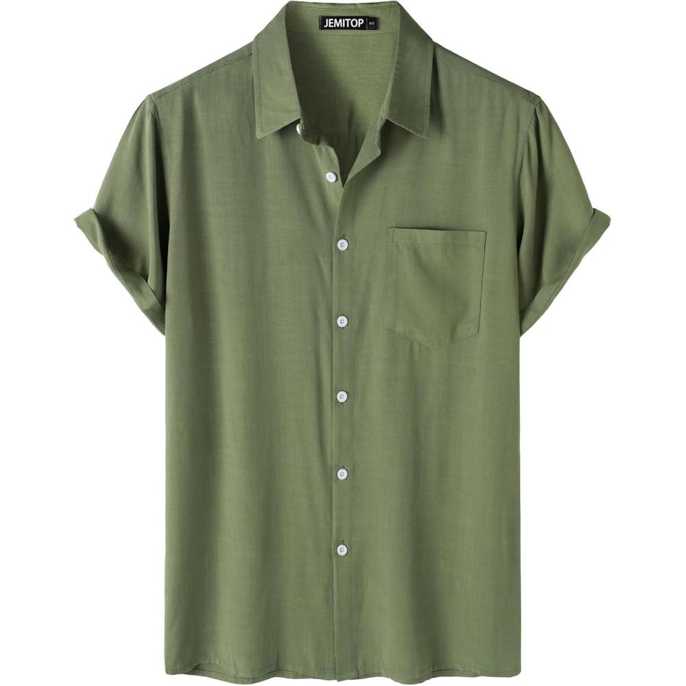 imageJEMITOP Mens Summer Cooling Shirts Lightweight Breathable Short Sleeve Button up Shirts for Beach Vacation with PocketArmy Green