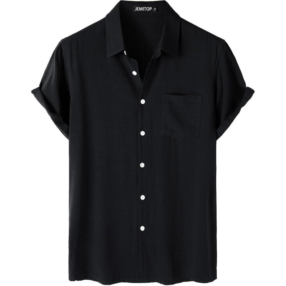 imageJEMITOP Mens Summer Cooling Shirts Lightweight Breathable Short Sleeve Button up Shirts for Beach Vacation with PocketBlack