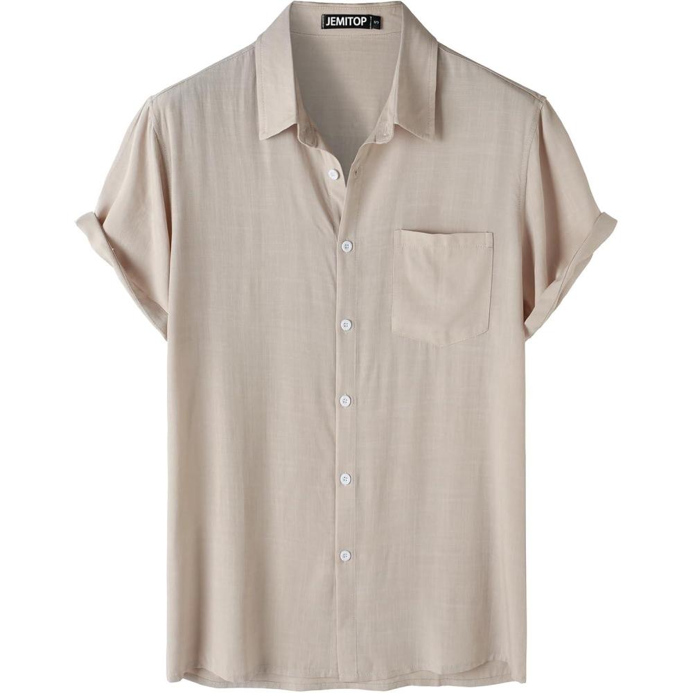 imageJEMITOP Mens Summer Cooling Shirts Lightweight Breathable Short Sleeve Button up Shirts for Beach Vacation with PocketKhaki