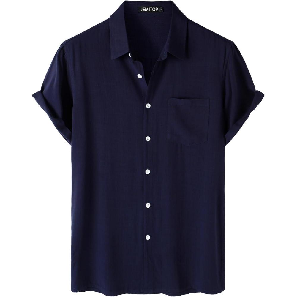 imageJEMITOP Mens Summer Cooling Shirts Lightweight Breathable Short Sleeve Button up Shirts for Beach Vacation with PocketNavy Blue