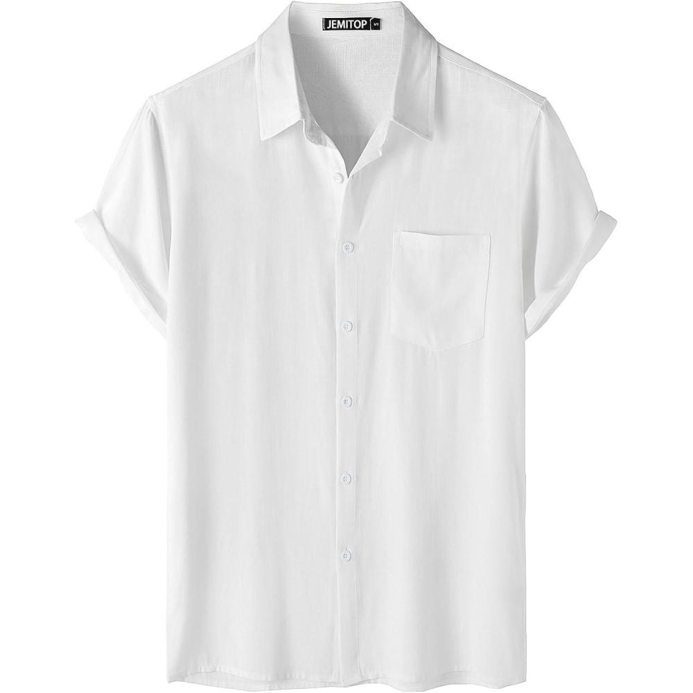 imageJEMITOP Mens Summer Cooling Shirts Lightweight Breathable Short Sleeve Button up Shirts for Beach Vacation with PocketWhite