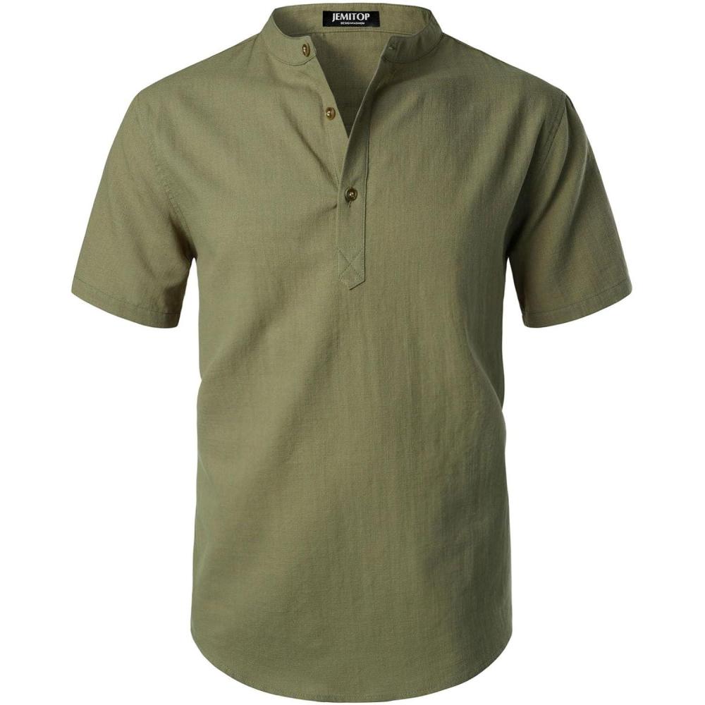 imageJEMITOP Mens Summer Lightweight Cotton Linen Shirts Casual Short Sleeve Breathable Banded Collar Henley for Beach VacationArmy Green