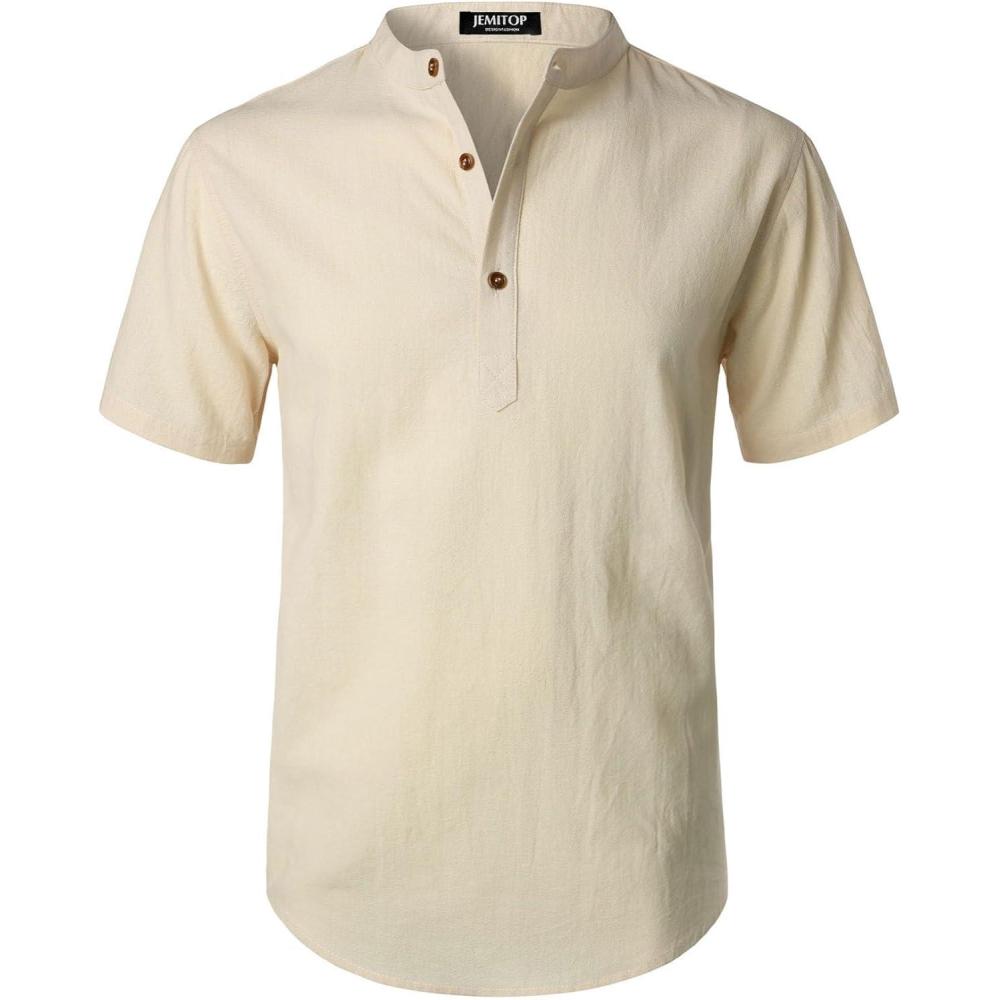 imageJEMITOP Mens Summer Lightweight Cotton Linen Shirts Casual Short Sleeve Breathable Banded Collar Henley for Beach VacationBeige