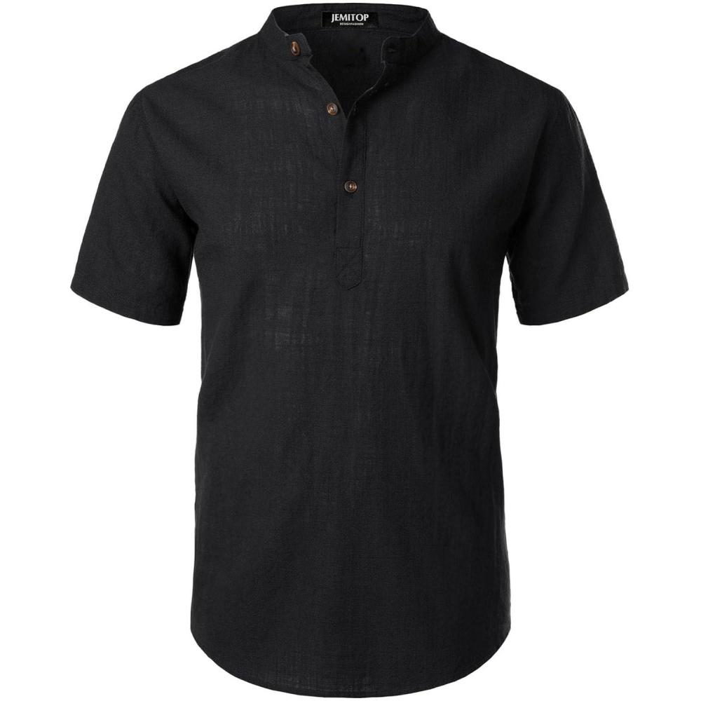 imageJEMITOP Mens Summer Lightweight Cotton Linen Shirts Casual Short Sleeve Breathable Banded Collar Henley for Beach VacationBlack
