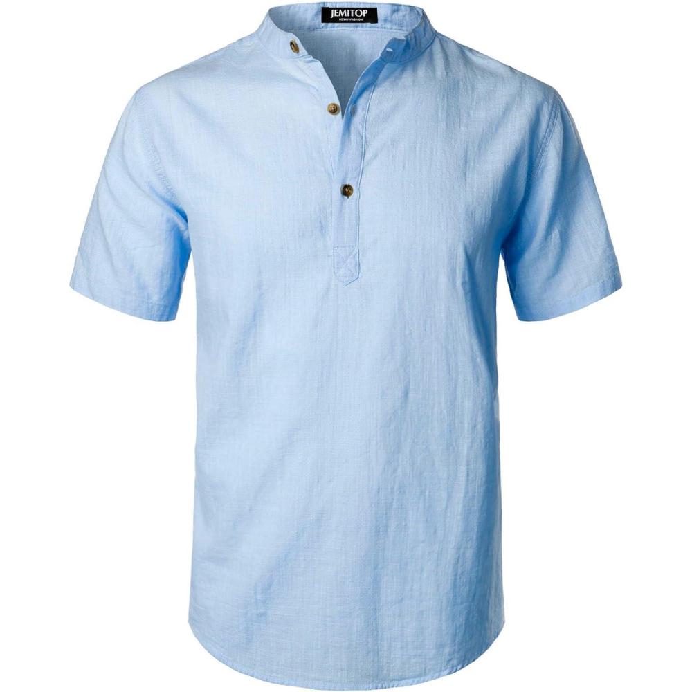 imageJEMITOP Mens Summer Lightweight Cotton Linen Shirts Casual Short Sleeve Breathable Banded Collar Henley for Beach VacationBlue