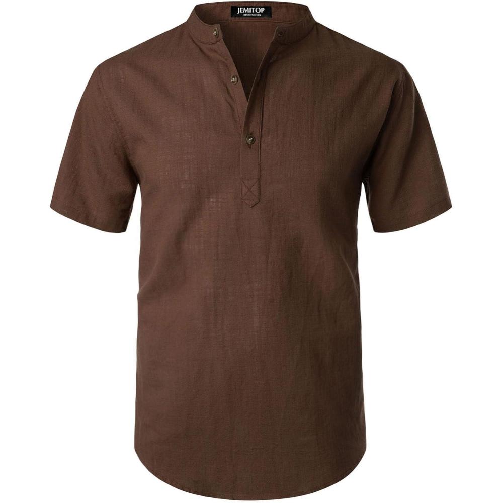imageJEMITOP Mens Summer Lightweight Cotton Linen Shirts Casual Short Sleeve Breathable Banded Collar Henley for Beach VacationBrown