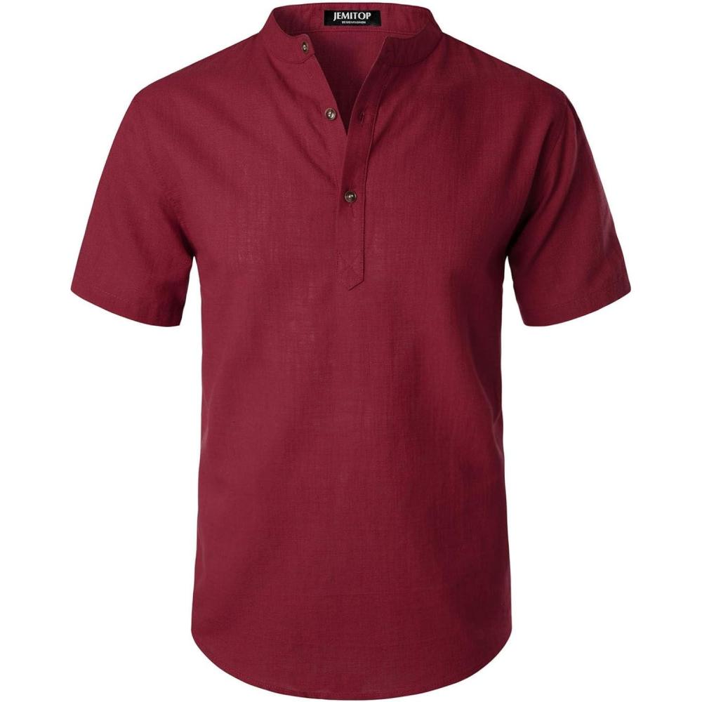 imageJEMITOP Mens Summer Lightweight Cotton Linen Shirts Casual Short Sleeve Breathable Banded Collar Henley for Beach VacationBurgundy