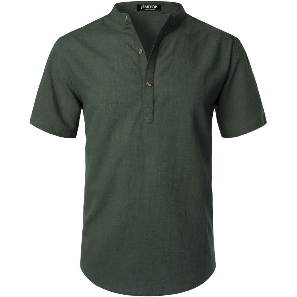 imageJEMITOP Mens Summer Lightweight Cotton Linen Shirts Casual Short Sleeve Breathable Banded Collar Henley for Beach VacationDark Green