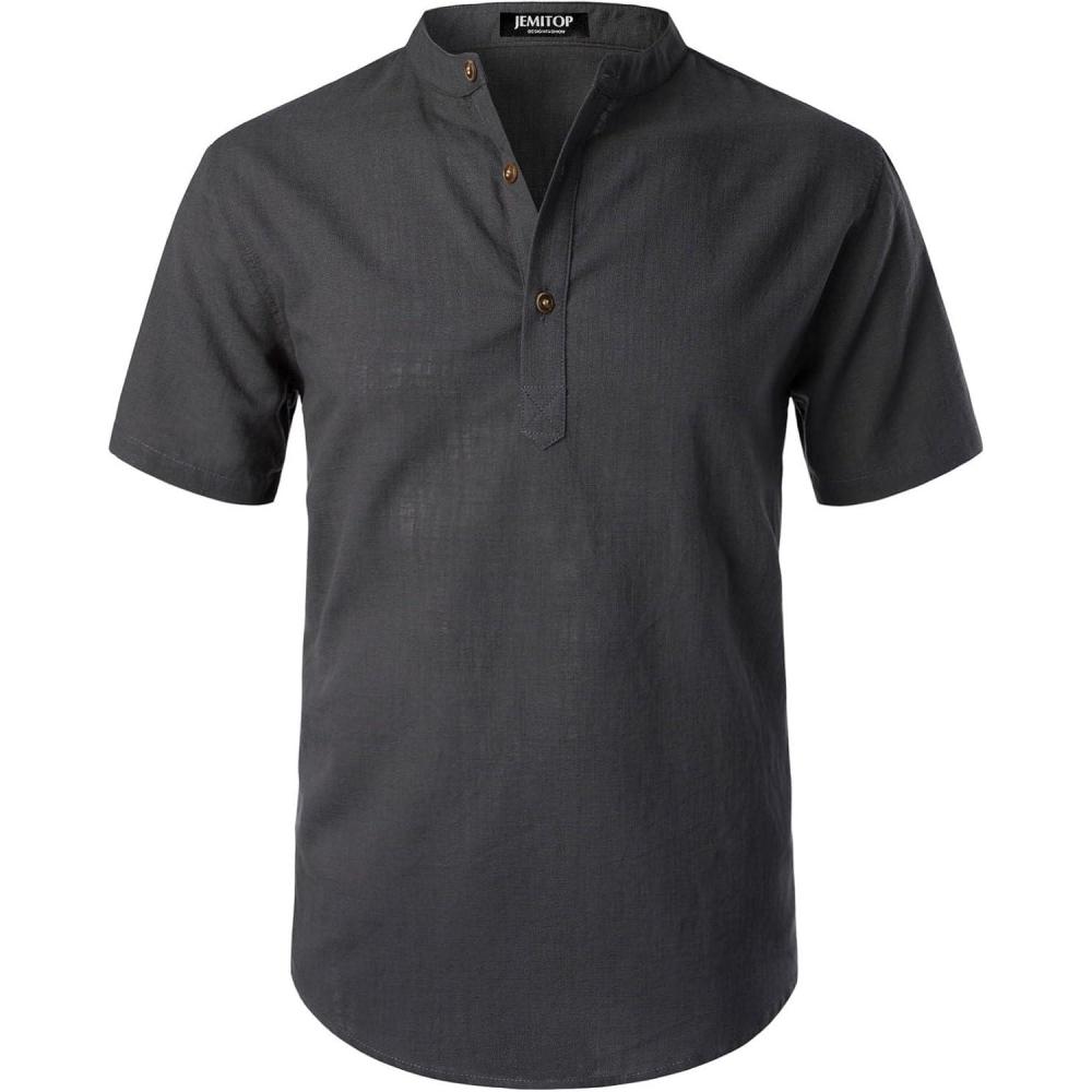 imageJEMITOP Mens Summer Lightweight Cotton Linen Shirts Casual Short Sleeve Breathable Banded Collar Henley for Beach VacationDark Grey