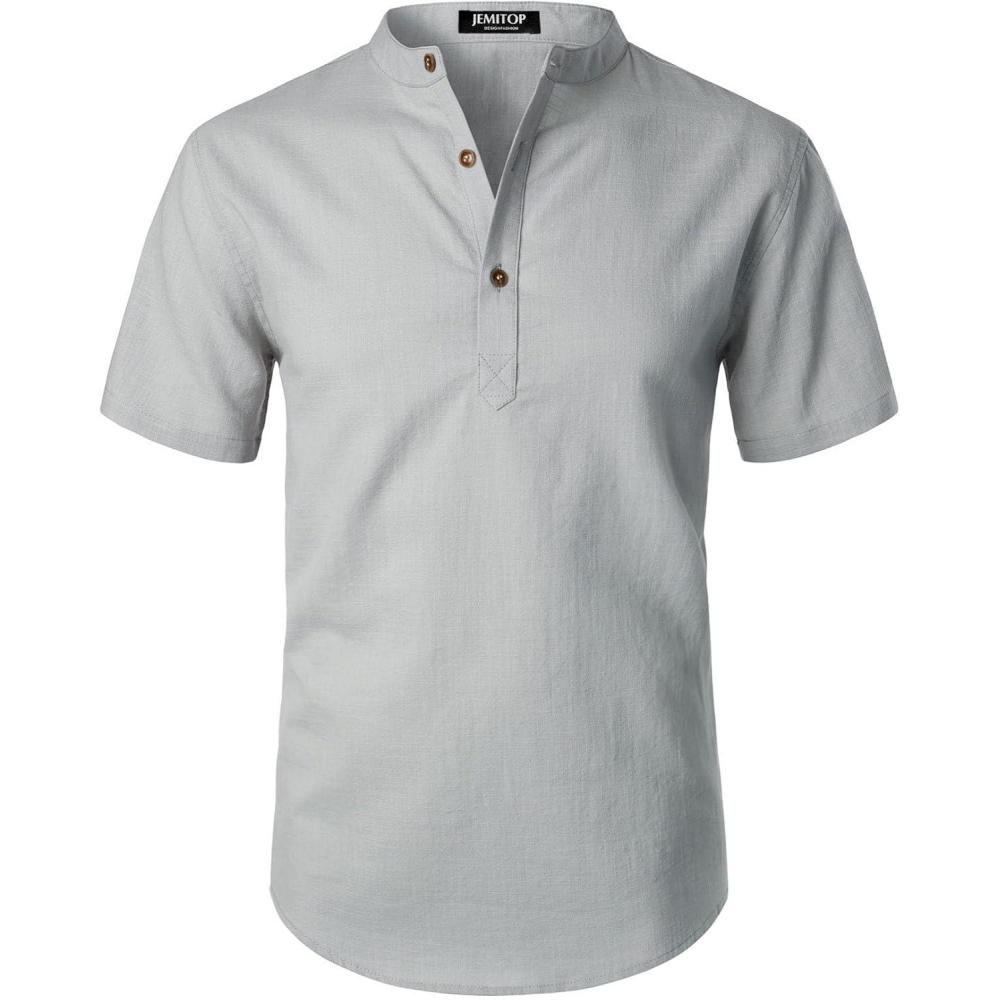 imageJEMITOP Mens Summer Lightweight Cotton Linen Shirts Casual Short Sleeve Breathable Banded Collar Henley for Beach VacationLight Grey