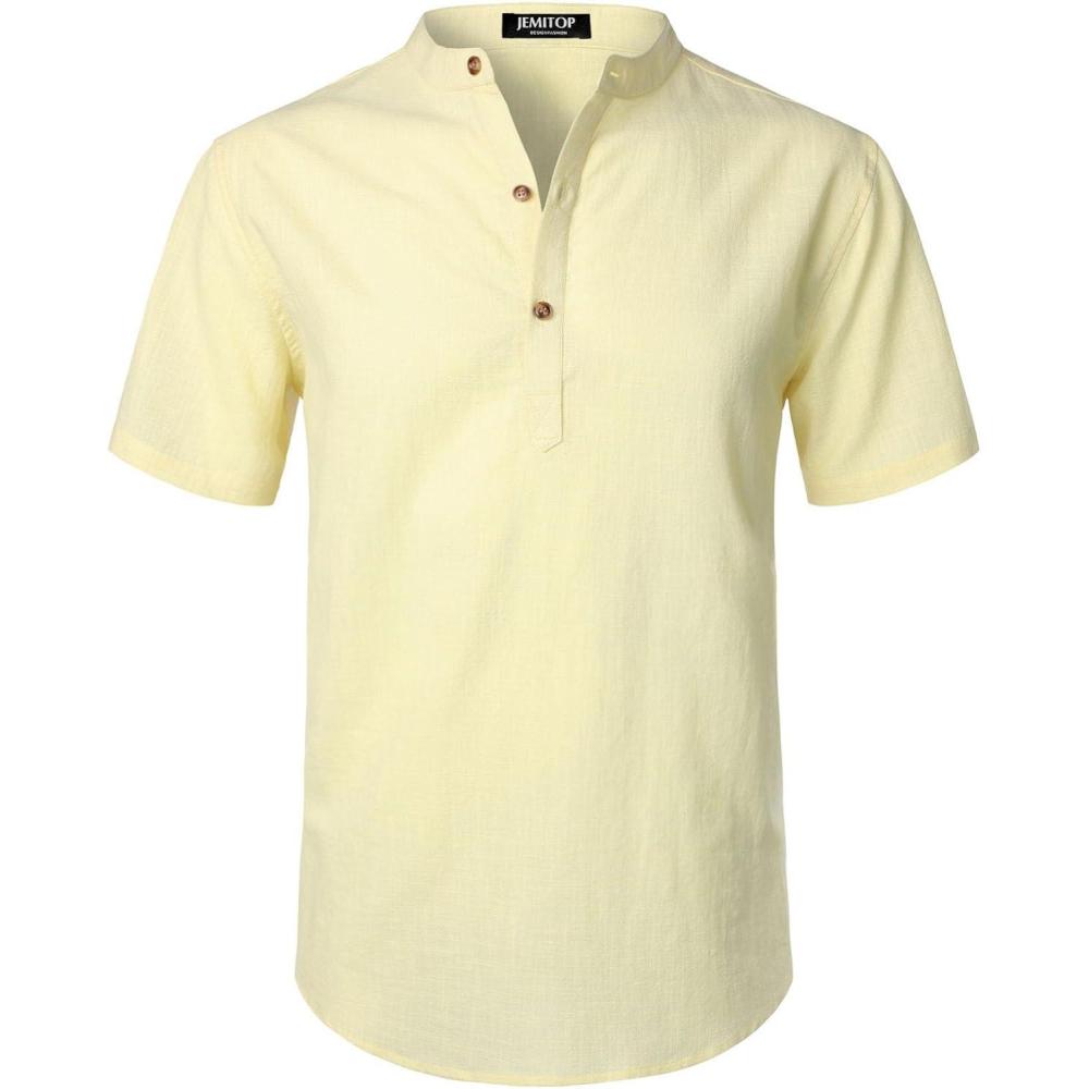 imageJEMITOP Mens Summer Lightweight Cotton Linen Shirts Casual Short Sleeve Breathable Banded Collar Henley for Beach VacationLight Yellow