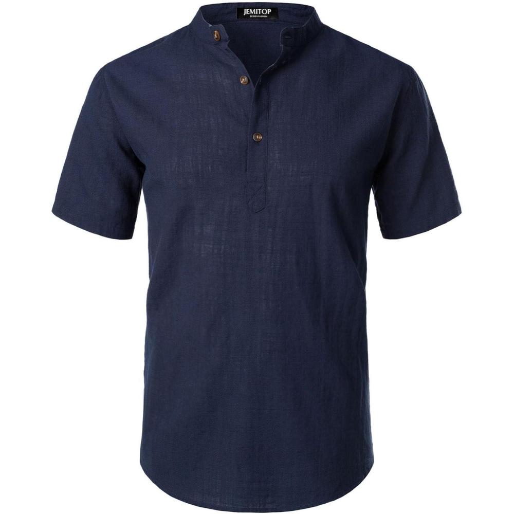 imageJEMITOP Mens Summer Lightweight Cotton Linen Shirts Casual Short Sleeve Breathable Banded Collar Henley for Beach VacationNavy Blue