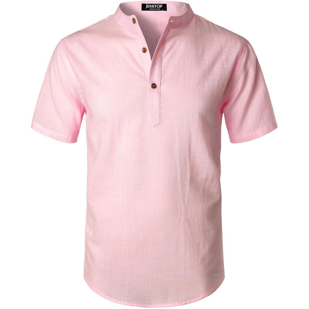 imageJEMITOP Mens Summer Lightweight Cotton Linen Shirts Casual Short Sleeve Breathable Banded Collar Henley for Beach VacationPink