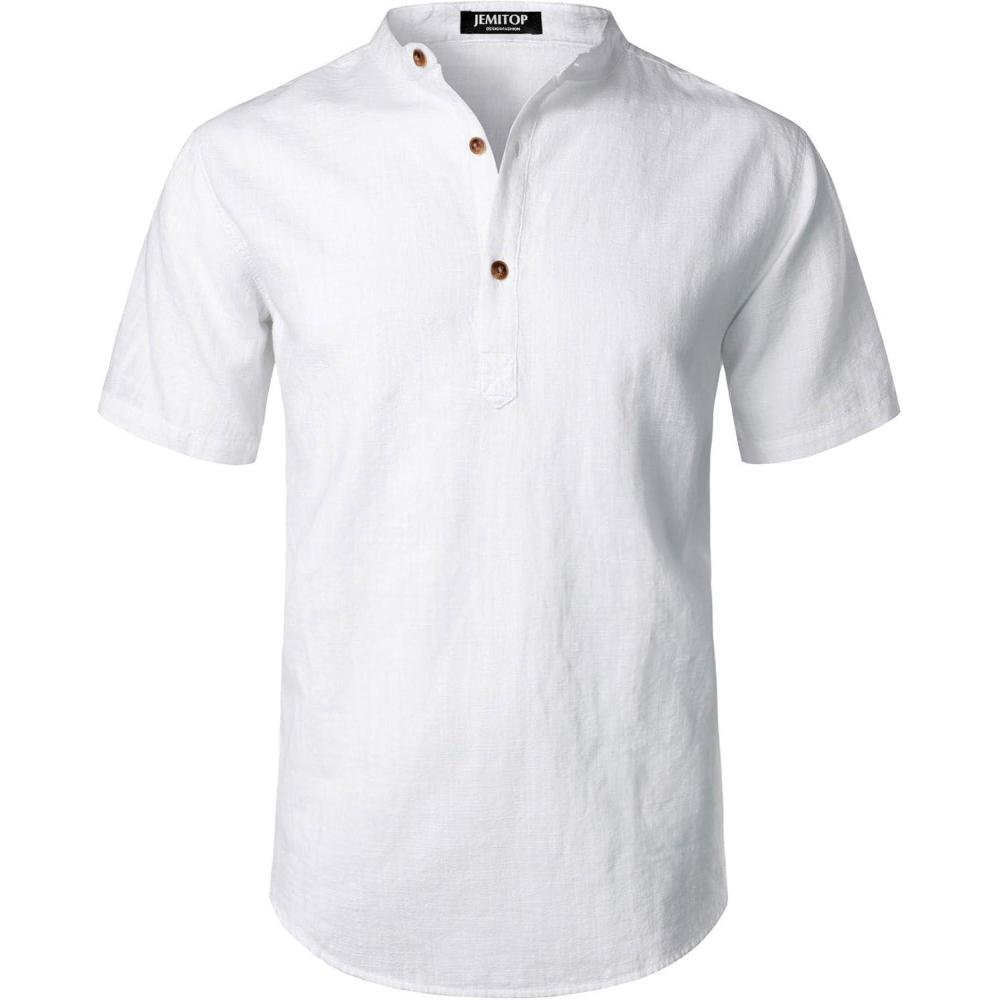 imageJEMITOP Mens Summer Lightweight Cotton Linen Shirts Casual Short Sleeve Breathable Banded Collar Henley for Beach VacationWhite