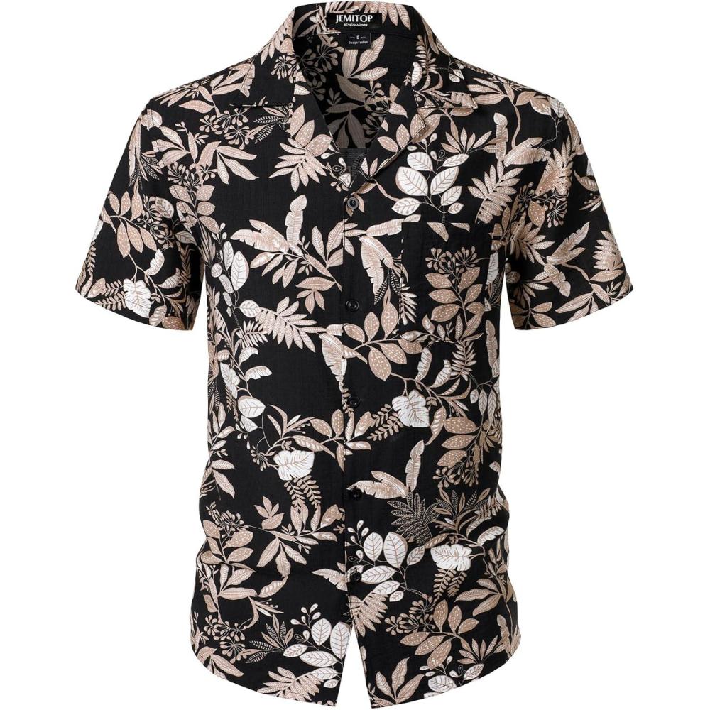 imageJEMITOP Mens Summer Textured Cuban Collar Hawaiian Shirts Casual Vacation Short Sleeve Button Up Shirt with PocketBlack Leaves