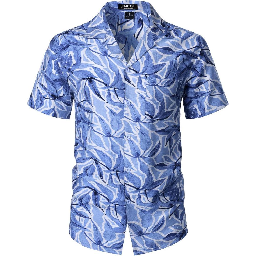 imageJEMITOP Mens Summer Textured Cuban Collar Hawaiian Shirts Casual Vacation Short Sleeve Button Up Shirt with PocketBlue