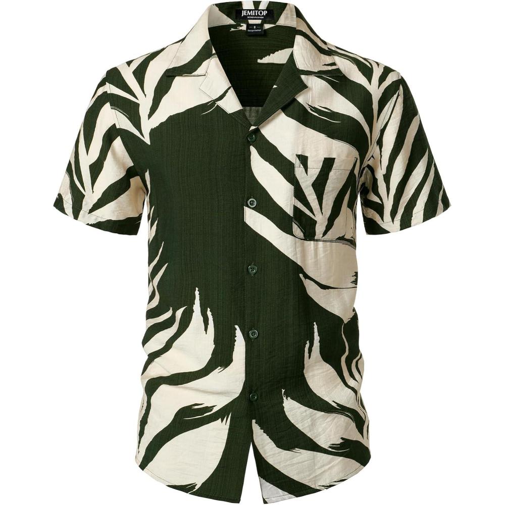 imageJEMITOP Mens Summer Textured Cuban Collar Hawaiian Shirts Casual Vacation Short Sleeve Button Up Shirt with PocketDark Green