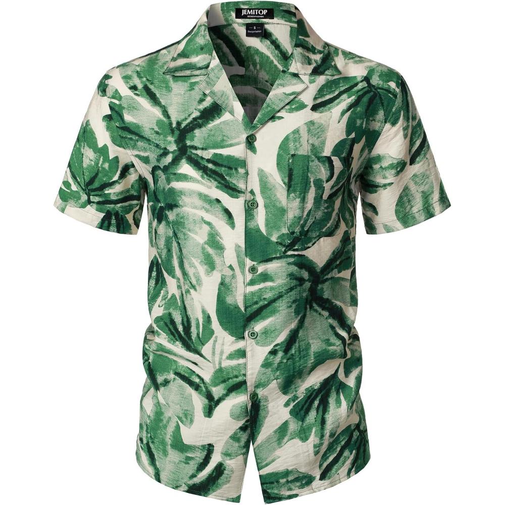 imageJEMITOP Mens Summer Textured Cuban Collar Hawaiian Shirts Casual Vacation Short Sleeve Button Up Shirt with PocketGreen