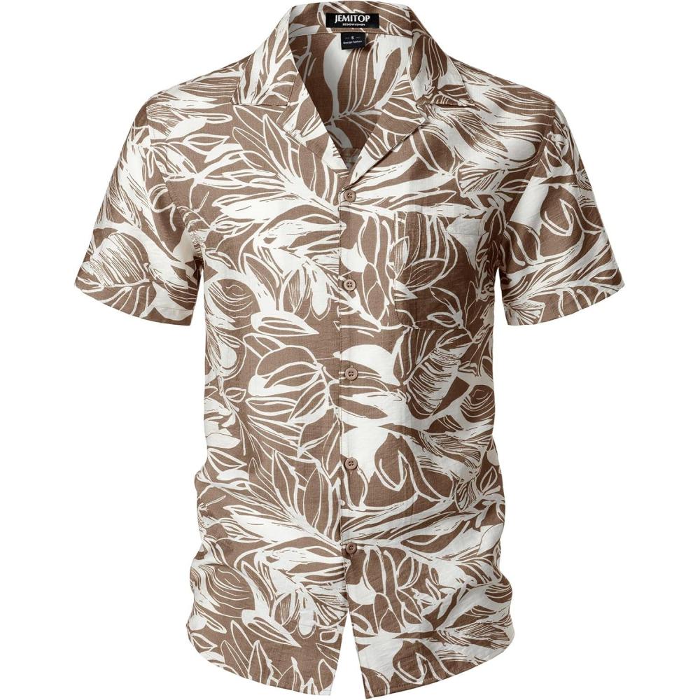 imageJEMITOP Mens Summer Textured Cuban Collar Hawaiian Shirts Casual Vacation Short Sleeve Button Up Shirt with PocketKhaki