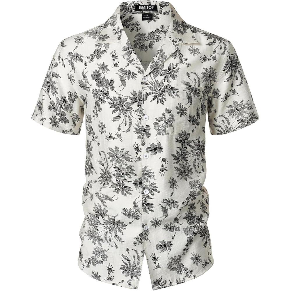 imageJEMITOP Mens Summer Textured Cuban Collar Hawaiian Shirts Casual Vacation Short Sleeve Button Up Shirt with PocketWhite
