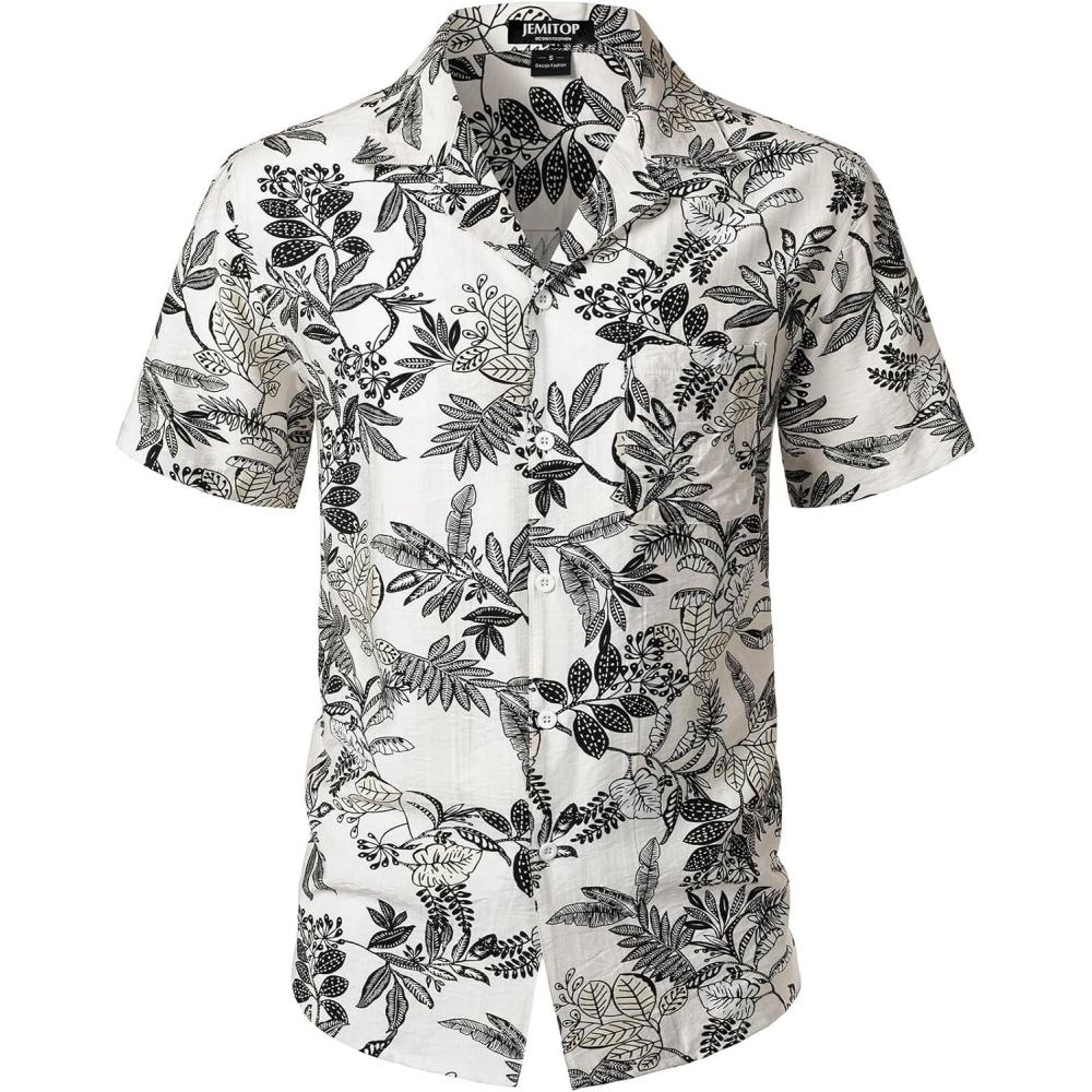 imageJEMITOP Mens Summer Textured Cuban Collar Hawaiian Shirts Casual Vacation Short Sleeve Button Up Shirt with PocketWhite Leaves