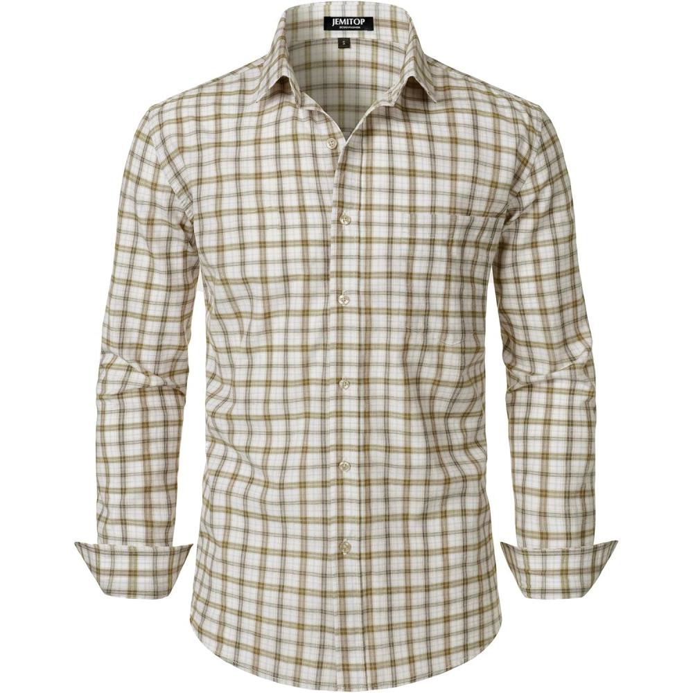 imageJEMITOP Mens Transitional Weather Slim Fit Long Sleeve Button Down Shirt Business Casual Dress Shirts with PocketBeige Yellow Gingham