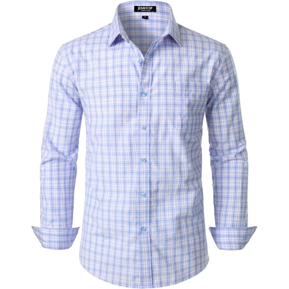 imageJEMITOP Mens Transitional Weather Slim Fit Long Sleeve Button Down Shirt Business Casual Dress Shirts with PocketBlue Purple Gingham