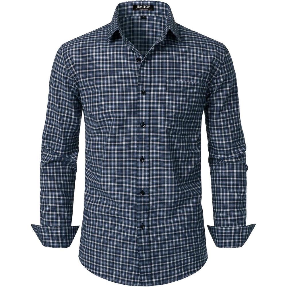 imageJEMITOP Mens Transitional Weather Slim Fit Long Sleeve Button Down Shirt Business Casual Dress Shirts with PocketBlue White Gingham