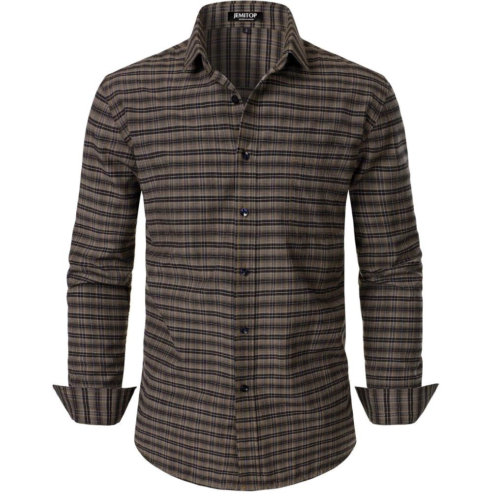 imageJEMITOP Mens Transitional Weather Slim Fit Long Sleeve Button Down Shirt Business Casual Dress Shirts with PocketBrown Gingham