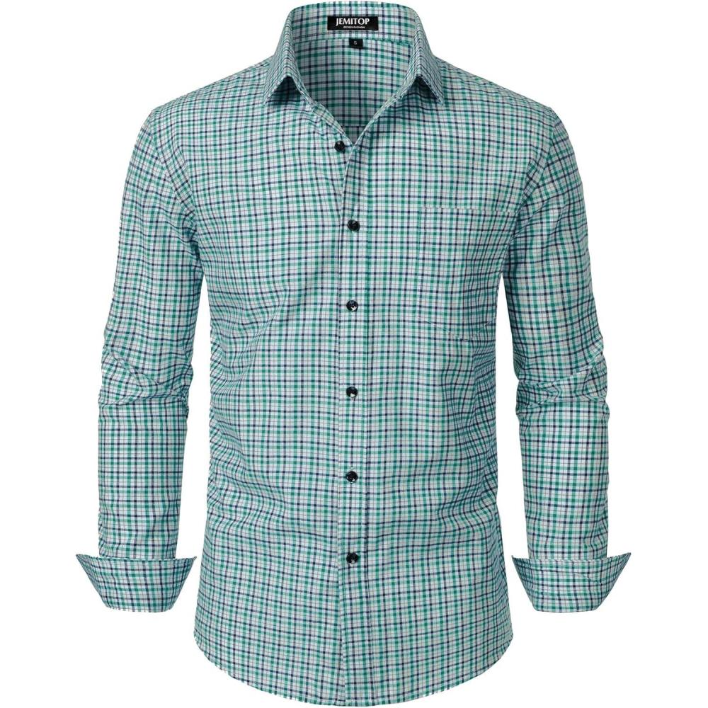 imageJEMITOP Mens Transitional Weather Slim Fit Long Sleeve Button Down Shirt Business Casual Dress Shirts with PocketGreen Gingham