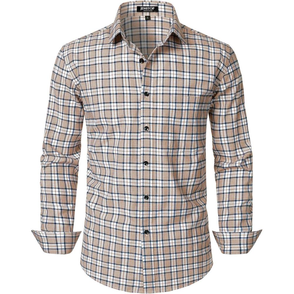 imageJEMITOP Mens Transitional Weather Slim Fit Long Sleeve Button Down Shirt Business Casual Dress Shirts with PocketKhaki White Gingham