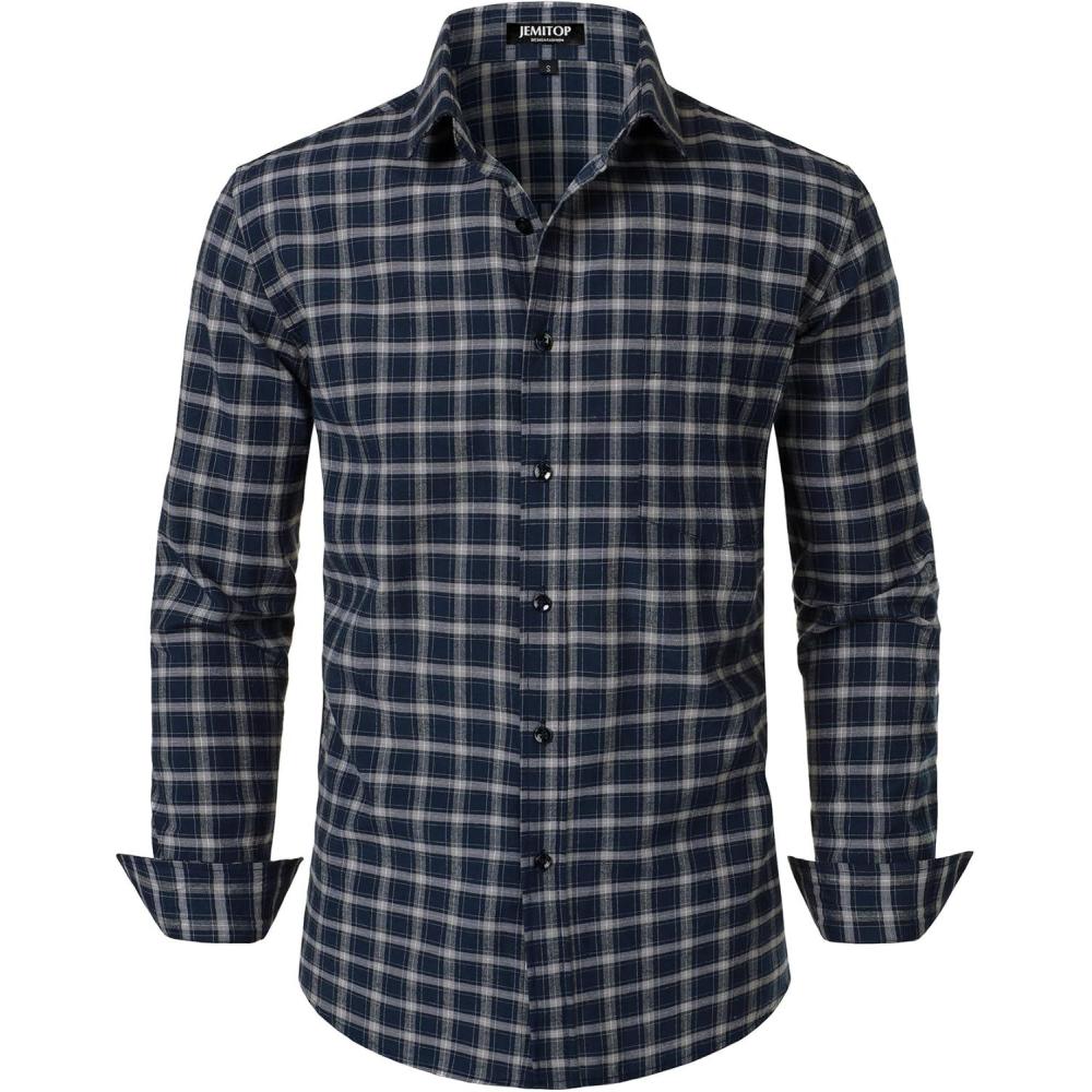 imageJEMITOP Mens Transitional Weather Slim Fit Long Sleeve Button Down Shirt Business Casual Dress Shirts with PocketNavy Beige Gingham