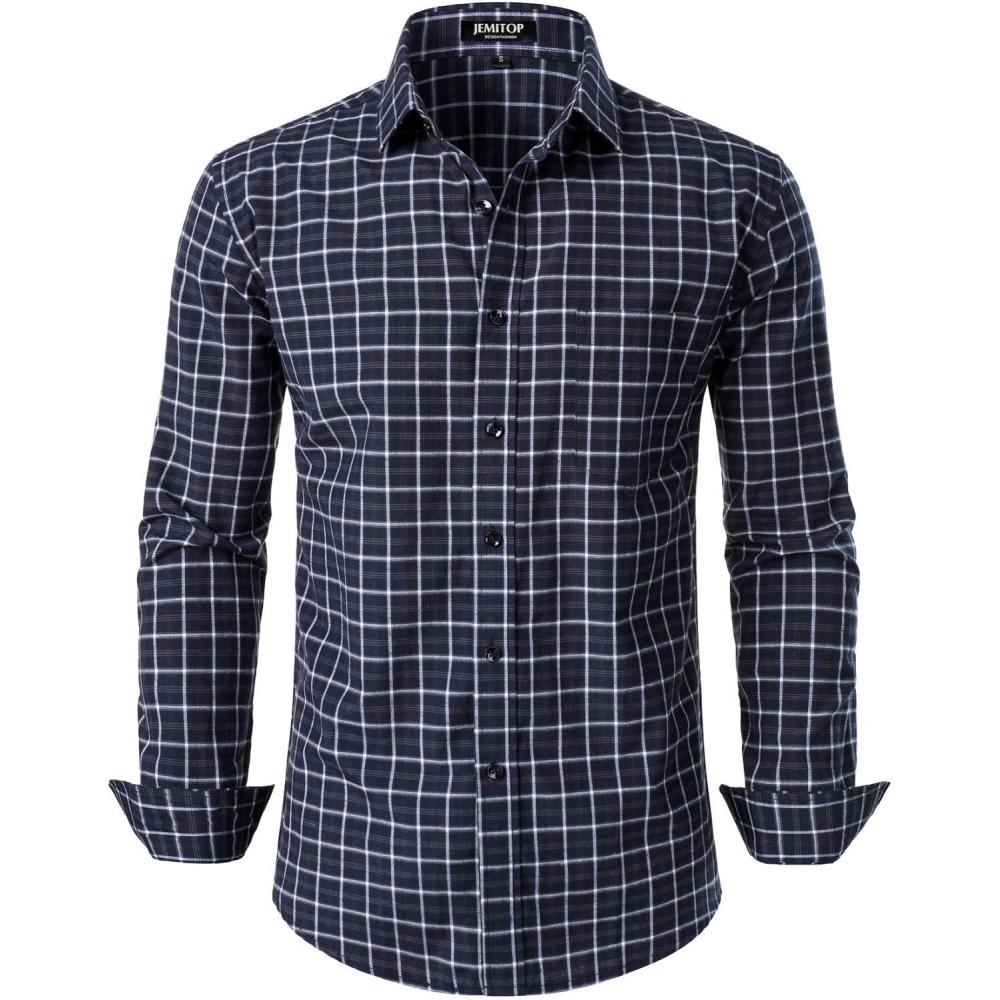 imageJEMITOP Mens Transitional Weather Slim Fit Long Sleeve Button Down Shirt Business Casual Dress Shirts with PocketNavy Gingham