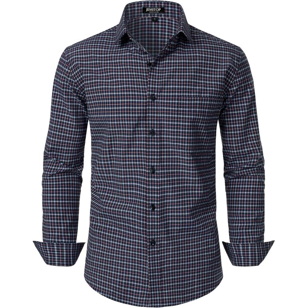 imageJEMITOP Mens Transitional Weather Slim Fit Long Sleeve Button Down Shirt Business Casual Dress Shirts with PocketNavy Red