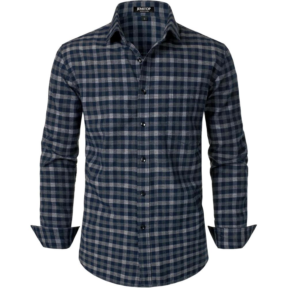 imageJEMITOP Mens Transitional Weather Slim Fit Long Sleeve Button Down Shirt Business Casual Dress Shirts with PocketNavy White Gingham