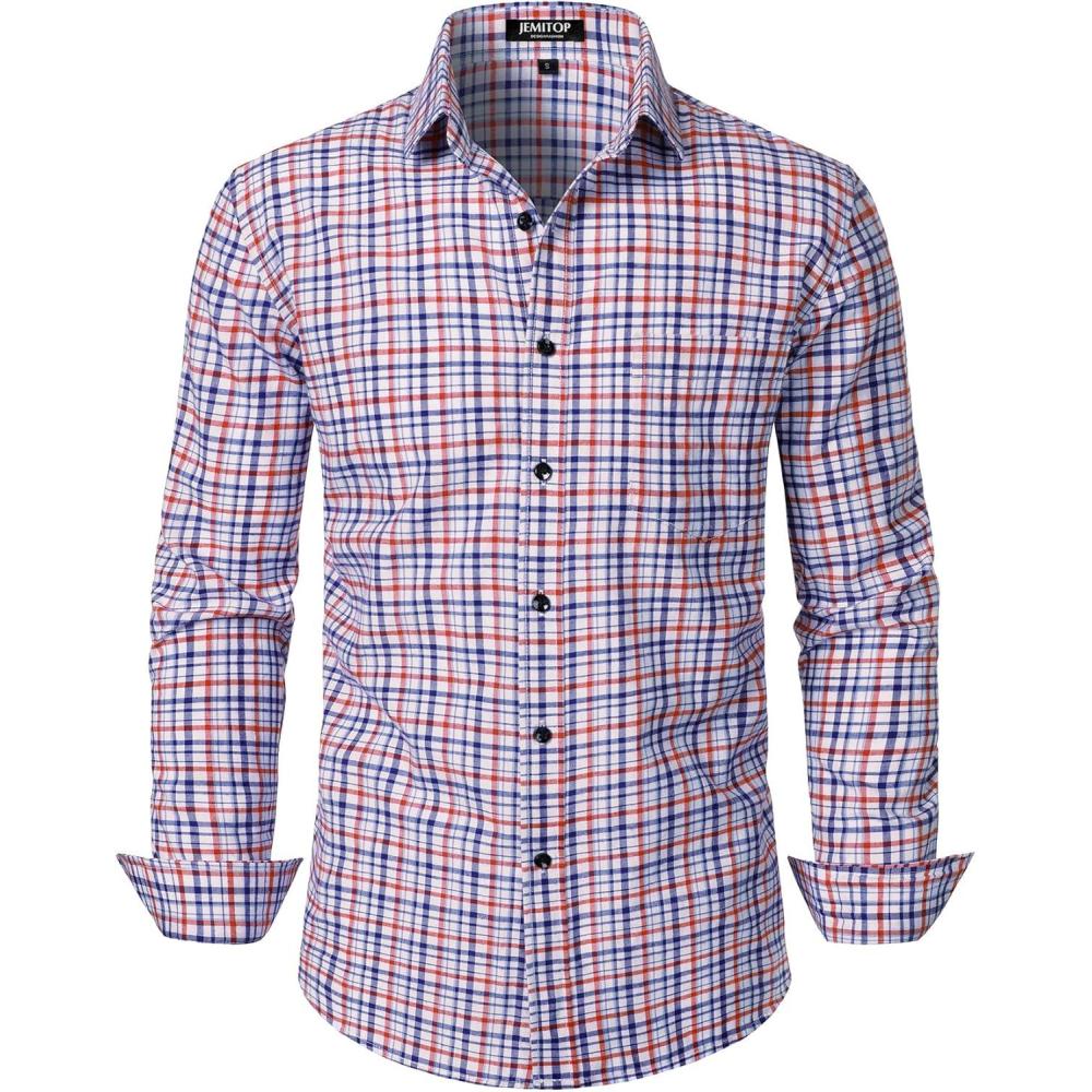 imageJEMITOP Mens Transitional Weather Slim Fit Long Sleeve Button Down Shirt Business Casual Dress Shirts with PocketRed Blue Gingham