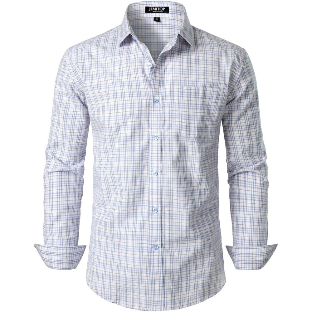 imageJEMITOP Mens Transitional Weather Slim Fit Long Sleeve Button Down Shirt Business Casual Dress Shirts with PocketVintage White Gingham