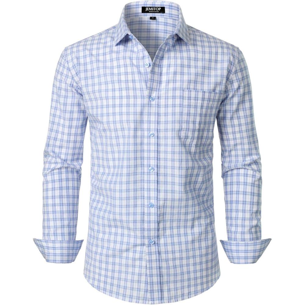 imageJEMITOP Mens Transitional Weather Slim Fit Long Sleeve Button Down Shirt Business Casual Dress Shirts with PocketWhite Blue Gingham