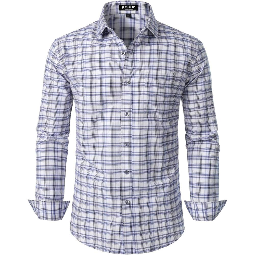 imageJEMITOP Mens Transitional Weather Slim Fit Long Sleeve Button Down Shirt Business Casual Dress Shirts with PocketWhite Navy