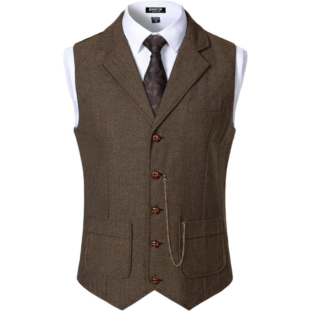 imageJEMITOP Mens Vintage Slim Fit Suit Vest Formal Prom Party Herringbone Pattern Waistcoat with Chain DetailKhaki