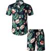 JEMITOP Men’s 2 Piece Casual Cotton Stretchy Outfit Short Sleeve Button up Shirt and Shorts Set(Navygreen)