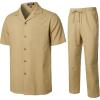 JEMITOP Men’s 2 Piece Outfits Summer Relaxed Fit Walking Suit Casual Cuban Guayabera Shirt and Pants Set Beach Vacation(Khaki)