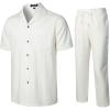 JEMITOP Men’s 2 Piece Outfits Summer Relaxed Fit Walking Suit Casual Cuban Guayabera Shirt and Pants Set Beach Vacation(White)